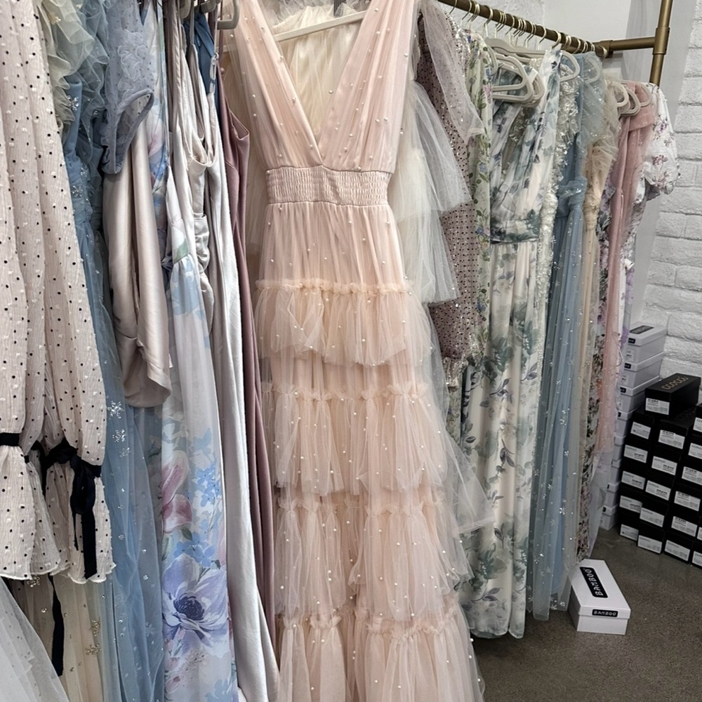 Blush Tulle Pearl Tiered Dress